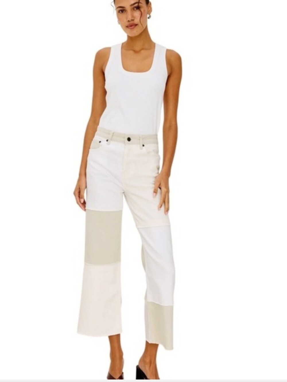 Rails Getty Crop Wide Leg High Rise Ecru Patchwork Jeans Size 25 White Cream